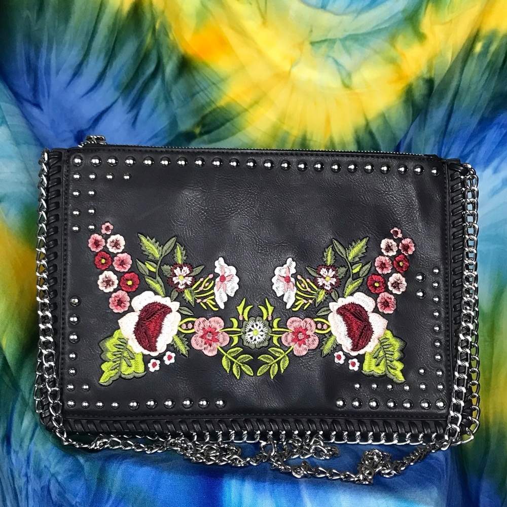 Harlow Black Boho Biker Chic Embroidered Crossbody Shoulder Clutch Bag - Picture 9 of 9
